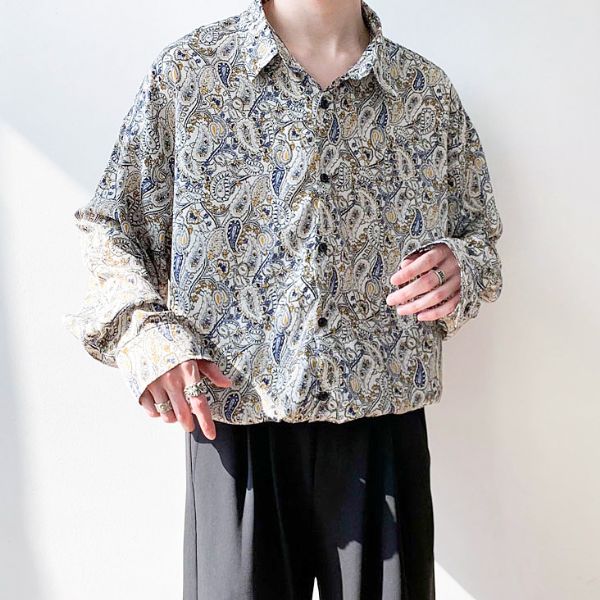 ヴィンテージ レトロ古着 ペイズリー花柄シャツ エスニック グレー系 薄手 金釦 柄シャツ ペイズリー柄 エスニック フラワー 長袖 シャツ ダンス 衣装