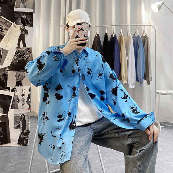 柄シャツ スプラッシュインク柄 長袖 ペイント シャツ トップス
