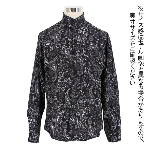 柄シャツ ペイズリー柄 長袖シャツ バンダナ柄 プリント 白 黒