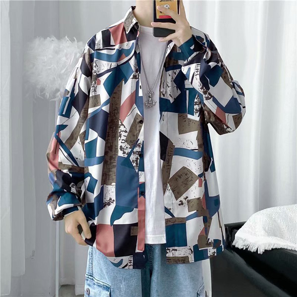 柄シャツ 幾何柄 ジオメトリック 長袖シャツ レトロ 配色 アート  