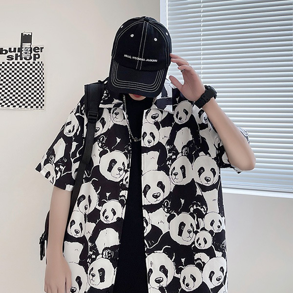 柄シャツ パンダ パンダ柄 総柄 動物 アニマル ファニー モノクロ 白黒 
