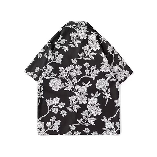 柄シャツ モノクロ モノトーン 白黒 アロハシャツ 花柄 植物柄