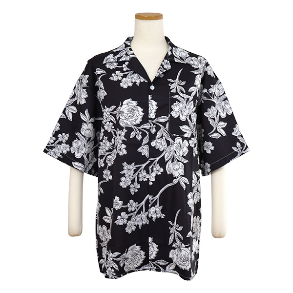 柄シャツ モノクロ モノトーン 白黒 アロハシャツ 花柄 植物柄