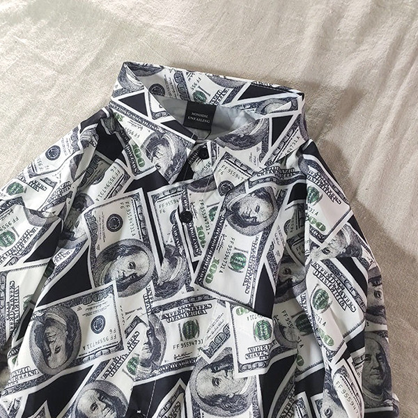 柄シャツ 紙幣 ドル札 100ドル お札 お金 マネー マネー柄 お札