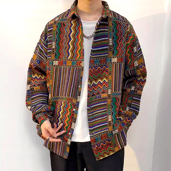 柄シャツ ジャカード 幾何柄 ブロック ジオメトリック