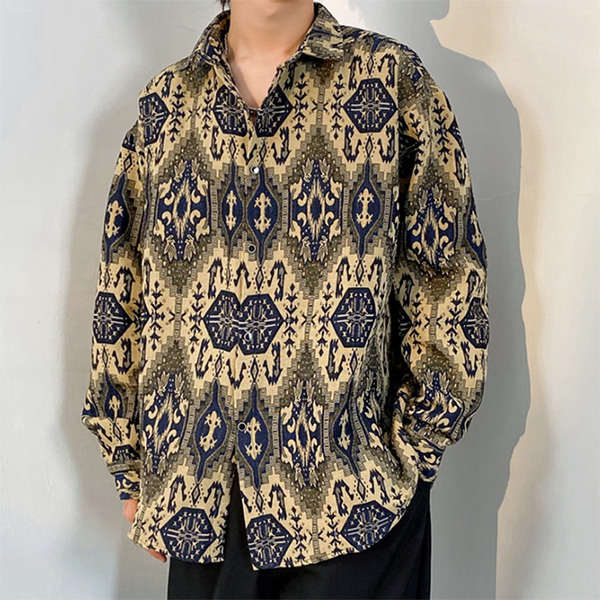 柄シャツ ジャカード オリエンタル オリエンタル柄 幾何柄 ジオ