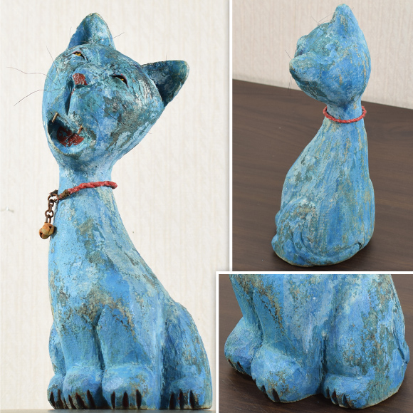 ブルーキャット アートのような個性的な青いネコ 置物 オブジェ 飾り