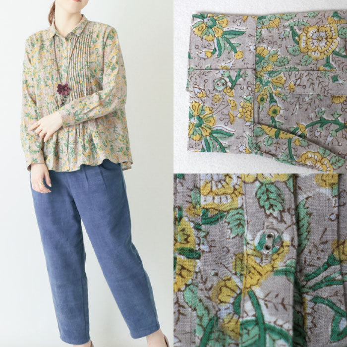 ブラウス シャツ Asistencia a la planta ブロックプリントブラウス レディース コットンボイルブロックプリントブラウス 【0623PT-91121】
