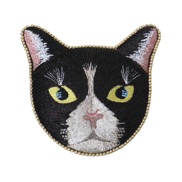 メイクミラー 手鏡 インド製・刺繍のキャットミラー (2色) 化粧 猫雑貨