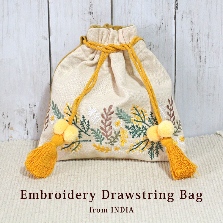ミモザ ポーチ 巾着 ミモザの刺繍巾着ポーチ インド製 タッセル付き