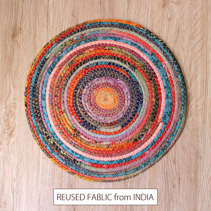 インド製・ カラフル裂き織りマット（ラウンド・30×30cm
