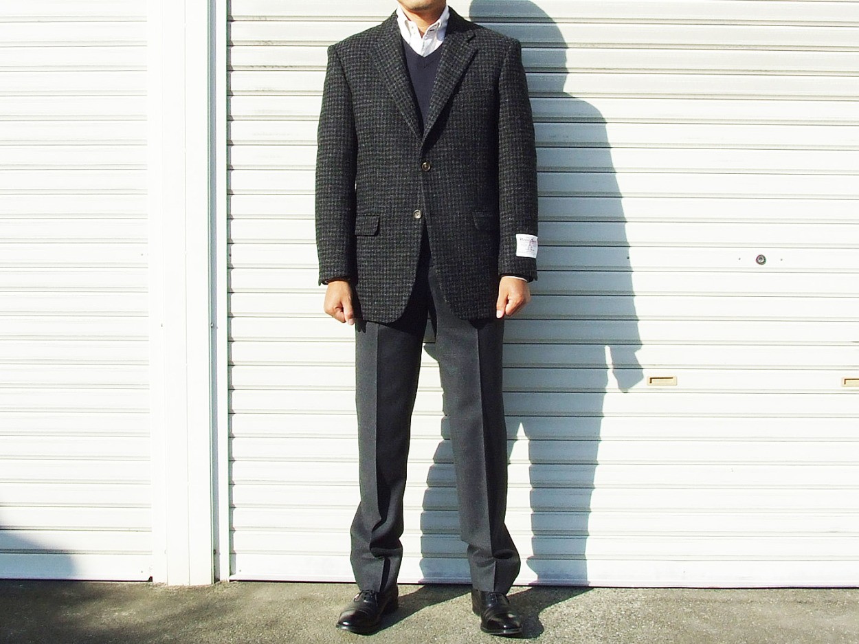 秋冬新作 英国ハリスツイード浓灰ハウンドトゥ-ス2bジャケットa5