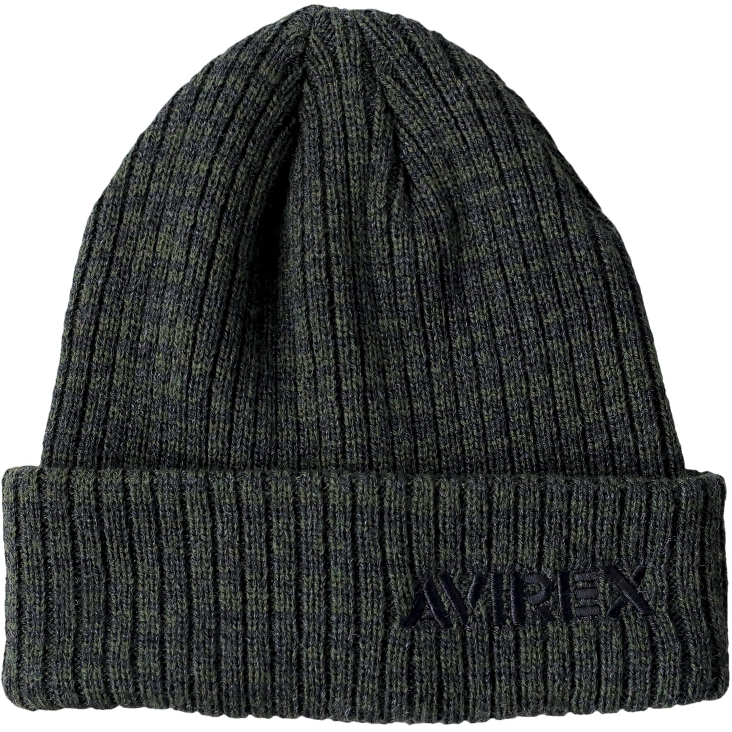 黒いリブ編みニット帽 エンブレム付き AVIREX アヴィレックス 別注 ミリタリー タグ リブ編み ニットキャップ