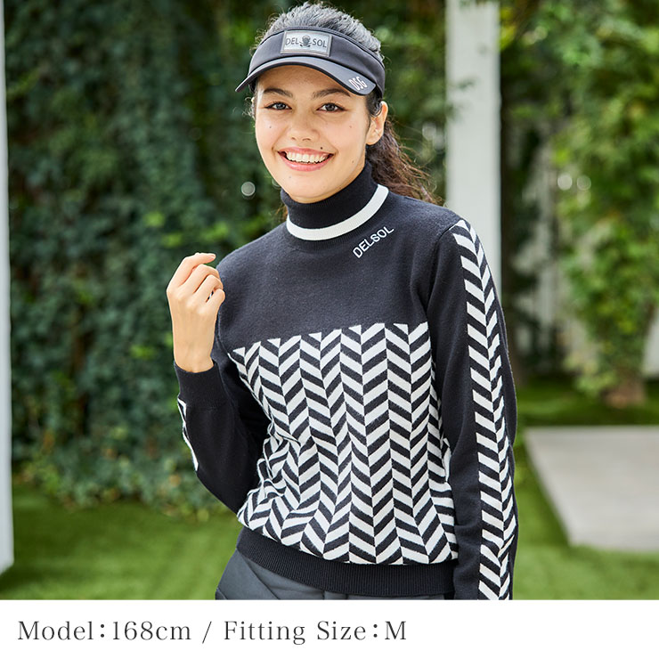 7790 ヘリンボーン柄タートルネックニット M/L/LL/3L レディースゴルフ