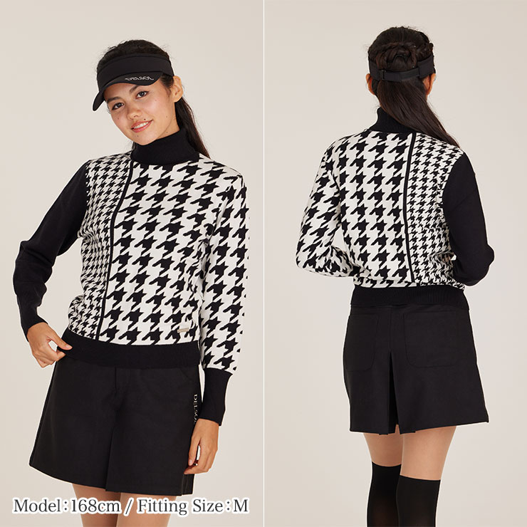 7838 千鳥格子柄タートルネックニット M/L/LL/3L レディースゴルフ