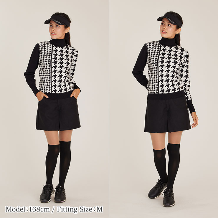 7838 千鳥格子柄タートルネックニット M/L/LL/3L レディースゴルフ