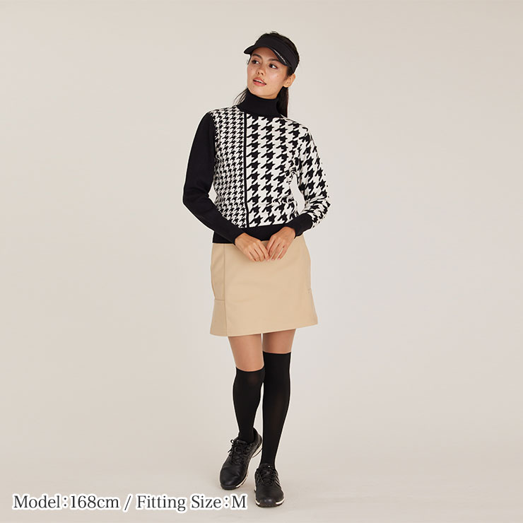 7838 千鳥格子柄タートルネックニット M/L/LL/3L レディースゴルフ
