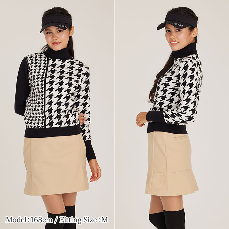7838 千鳥格子柄タートルネックニット M/L/LL/3L レディースゴルフ