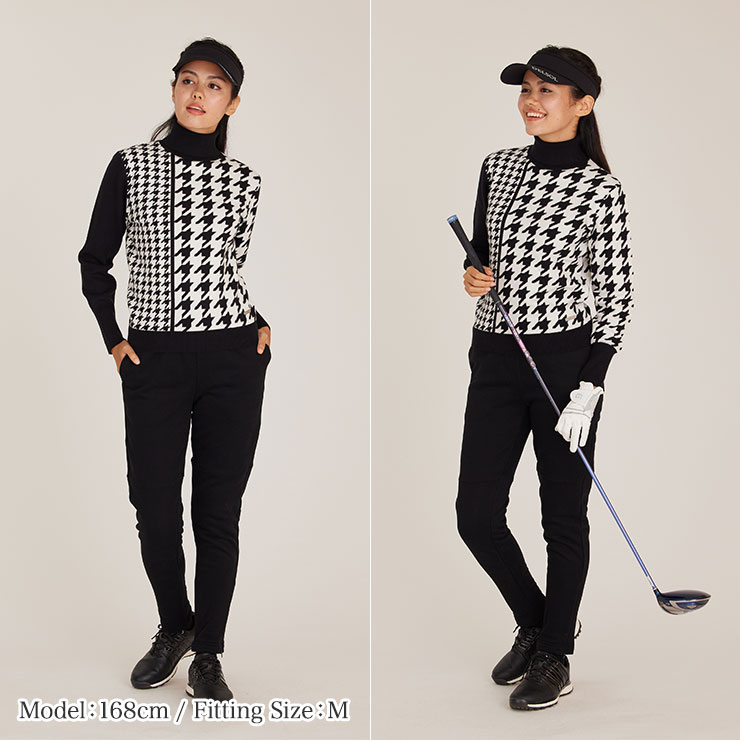 7838 千鳥格子柄タートルネックニット M/L/LL/3L レディースゴルフ