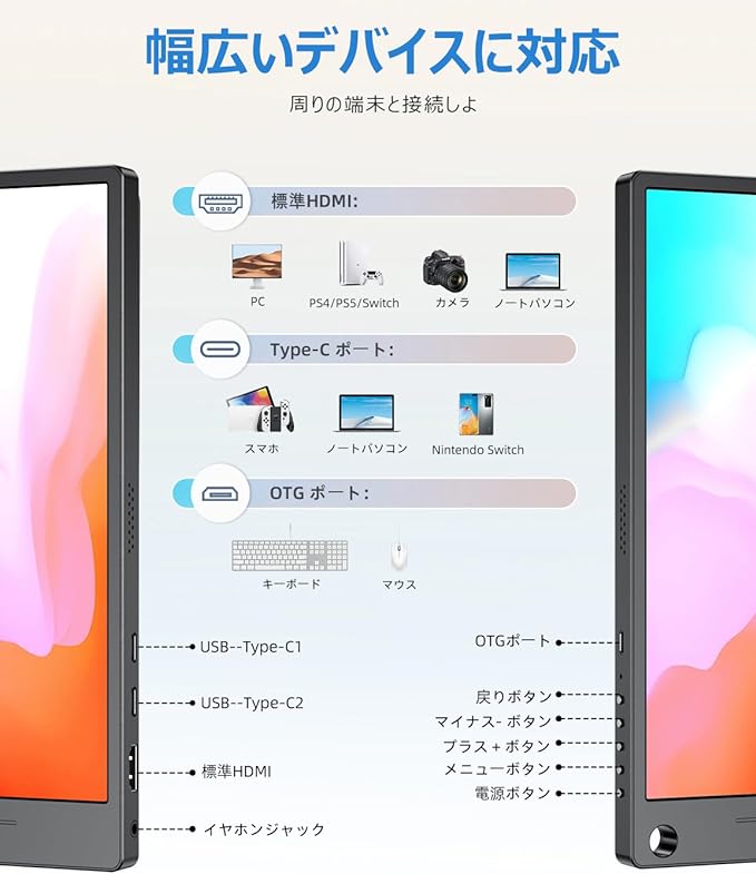  モバイルモニター 15.6インチ モバイルディスプレイ ゲーミングモニター Full HD 高画質 HDMI/Type-C VESA 軽量 スマホ Switch PC対応