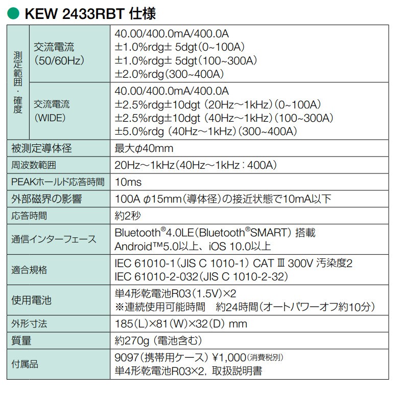 KEW 2433RBT 共立電気計器 Bluetooth Smart搭載！漏れ電流・負荷電流