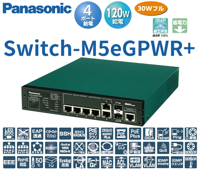 Switch-M5eGPWR+ パナソニック PN28059KB5 全ポートギガ レイヤ2 PoE給電スイッチングハブ 4ポート  5年先出しセンドバック保守バンドル品