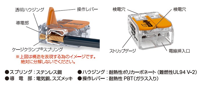 ワゴ 結線しやすいレバー操作タイプ ワンタッチコネクター 5.5mm2(6sq)対応 3線タイプ WFR-3L