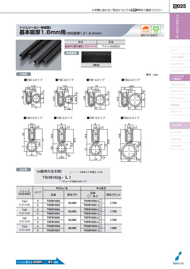 ☆m販売☆TSGB160C-L33 トリムシール一体成型（対応板厚1.2〜2.4mm）長