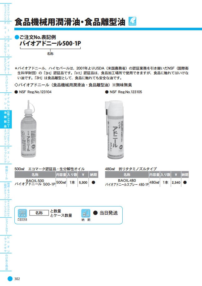 BAOIL500 バイオアドニール 食品機械用潤滑油・食品離型油 片山チエン