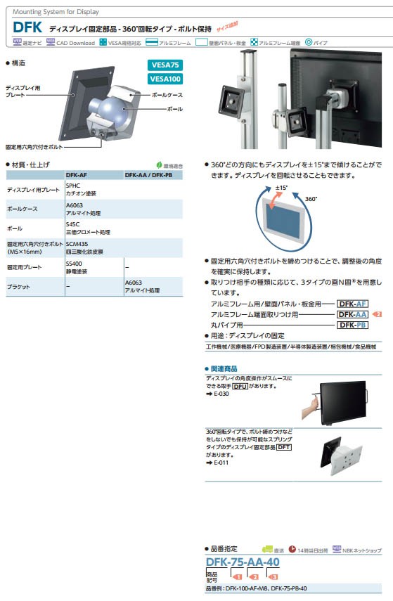 今季ブランド ディスプレイ固定部品 ボルト保持 Dfk 100 Pb 40 金物 部品 Dfk100pb40 伝導機器オンラインショップ 画n固 画n固 360度回転 360度回転 鍋屋バイテック Nbk