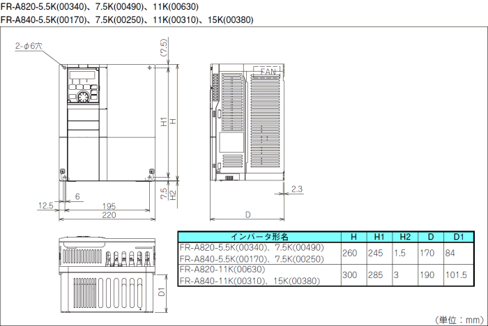 三菱電機 FR-A820-5.5K 3相200V インバータ FREQROL-A800シリーズ :MIE-FR-A820-5500W-1:伝動