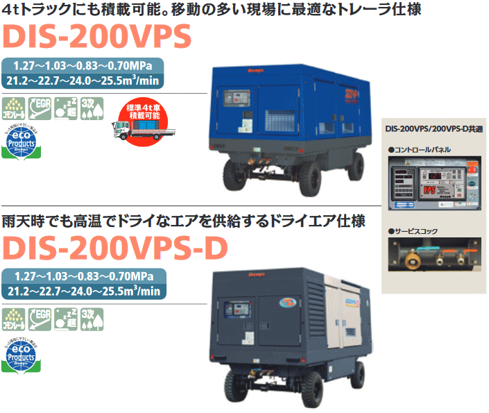 デンヨー (Denyo) DIS-200VPS ディーゼルエンジンコンプレッサ 可変圧力・可変容量タイプ 詳細
