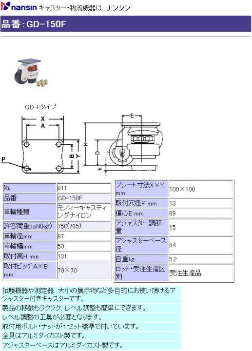 ナンシン キャスター [No.911] GD-150F ナイロン車輪 その都度お