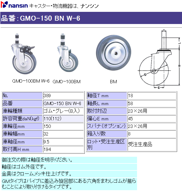 ナンシン キャスター [No.389] GMO-150 BM W-6 (パイプ内径:18) ゴム