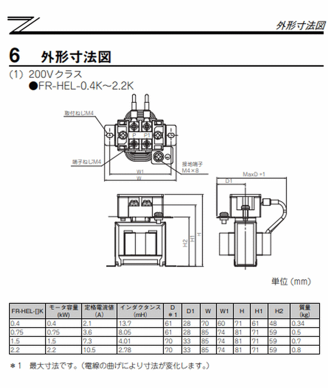 三菱電機 FR-HEL-0.4K インバータ用オプション DCリアクトル FR-HELシリーズ オプション 伝動機ドットコム