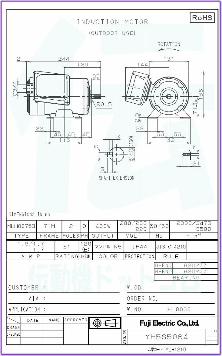 富士電機 MLH8075B-2 0.4kW-2P 200V/400V 屋外形モータ(全閉外 富士電機 MLH8075B-2 0.4kW-2P 200V/400V 屋外形モータ(全閉外