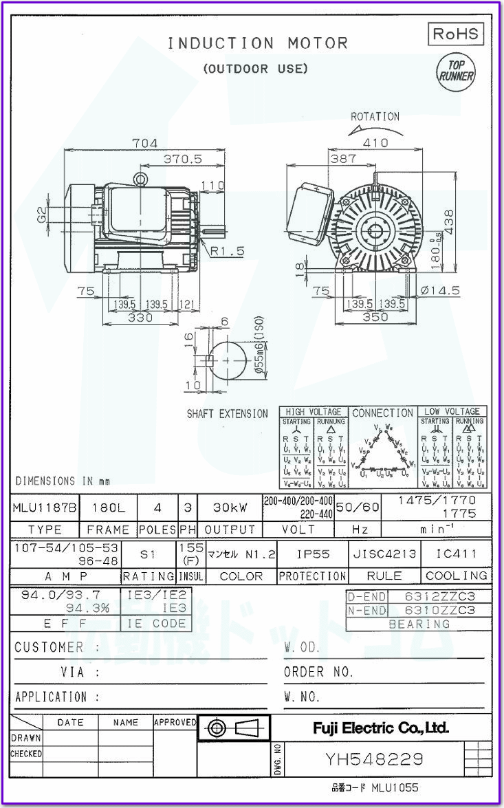 富士電機 MLU1187B-4 30kW-4P 三相200V/400V プレミアム効率モータ (全閉外扇形 足取付形 屋外形) プレミアム効率モータ[IE3相当]屋外形  伝動機ドットコム