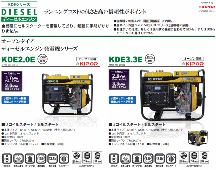 法人のみ】パワーテック KIPOR KDE5.0E 50Hz ディーゼルエンジン発電機