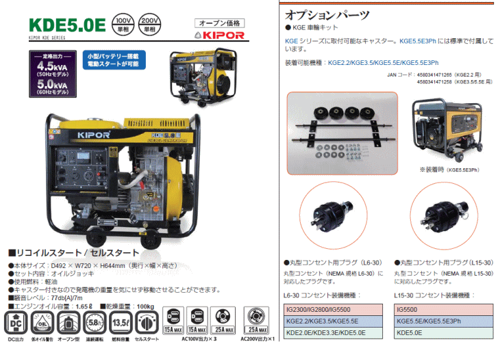 法人のみ】パワーテック KIPOR KDE2.0E 50Hz ディーゼルエンジン発電機(オープン型)単相100V 株式会社パワーテック 伝動機ドットコム