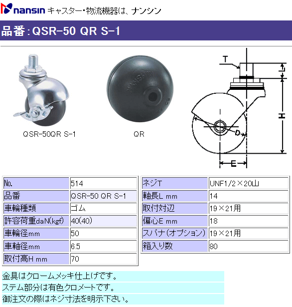 ナンシン キャスター [No.514] QSR-50 QR S-1 (ネジT:UNC1/2×20山