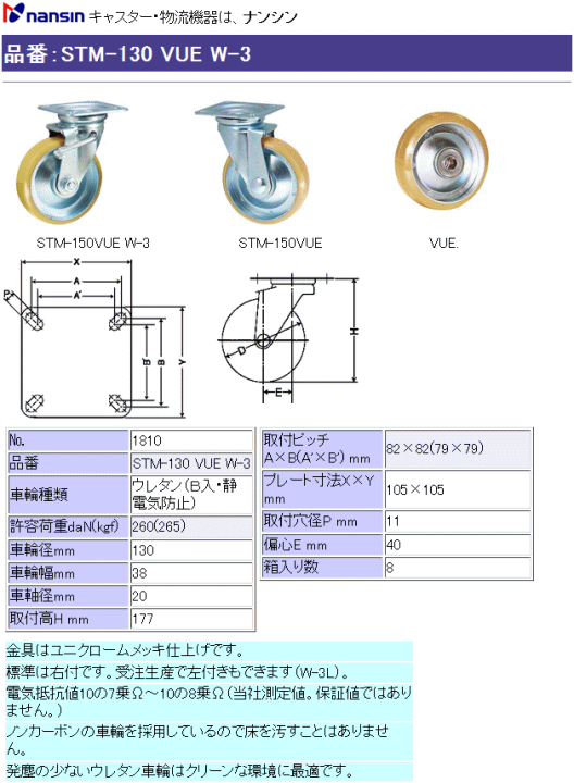 ナンシン キャスター [No.1810] STM-130 VUE W-3 ウレタン(ベアリング