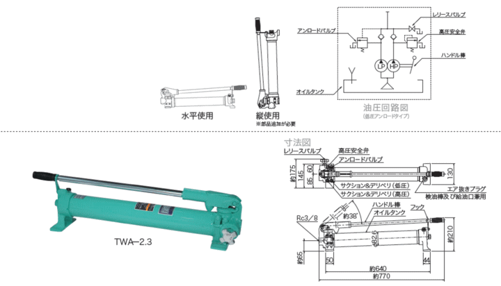 大阪ジャッキ製作所 TWA-2.3 手動油圧ポンプ 油圧ポンプ 伝動機ドットコム