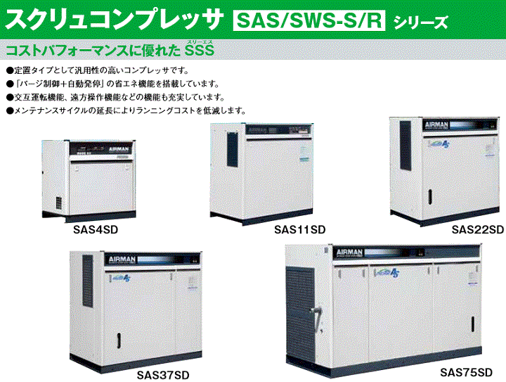 北越工業 (AIRMAN) SAS22SD-6E スクリュコンプレッサ 空冷タイプ 60Hz