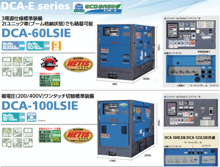 デンヨー (Denyo) DCA-125LSIE エコベース発電機 複電圧(200/400V)ワンタッチ切替標準装備 超低騒音型 詳細