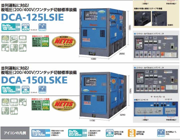 デンヨー (Denyo) DCA-125LSIE エコベース発電機 複電圧(200/400V)ワンタッチ切替標準装備 超低騒音型 詳細