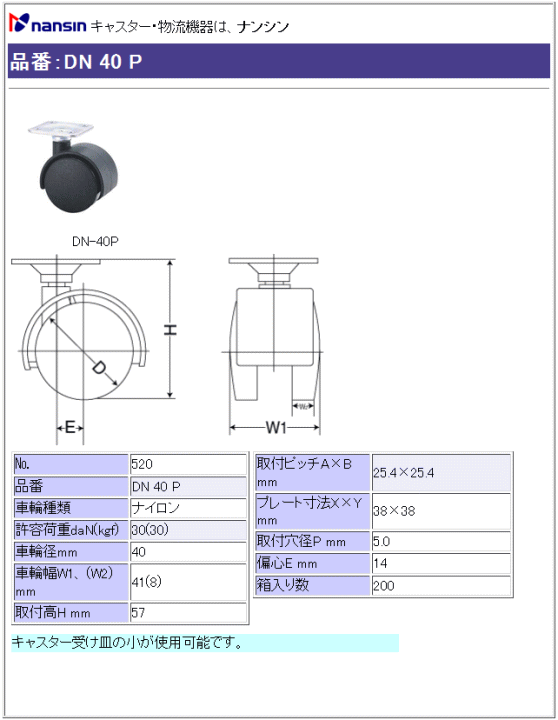 ナンシン キャスター [No.520] DN 40 P ナイロン車輪 その都度お