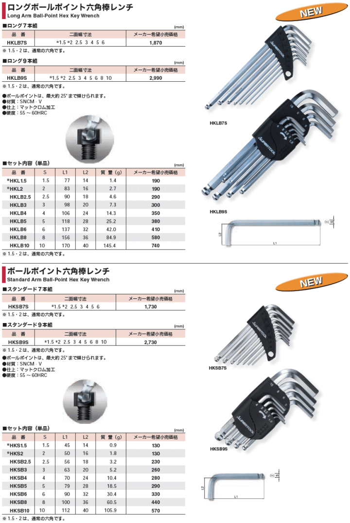 スーパーツール ロングボールポイント六角棒レンチ 寸法表