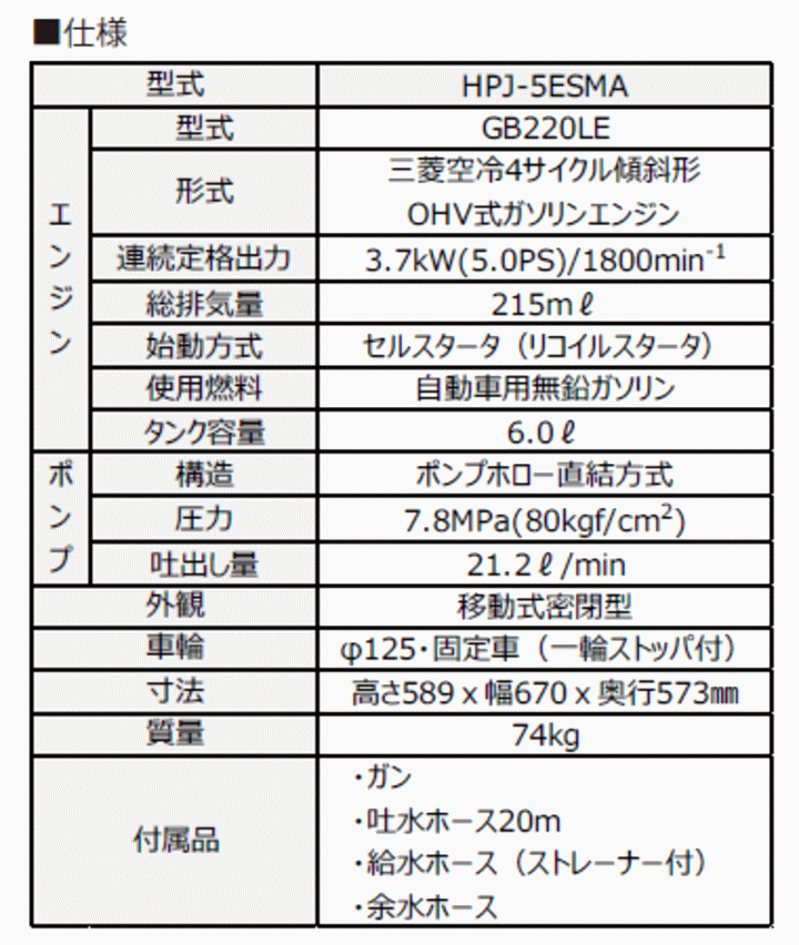 鶴見製作 HPJ-5ESMA 仕様表