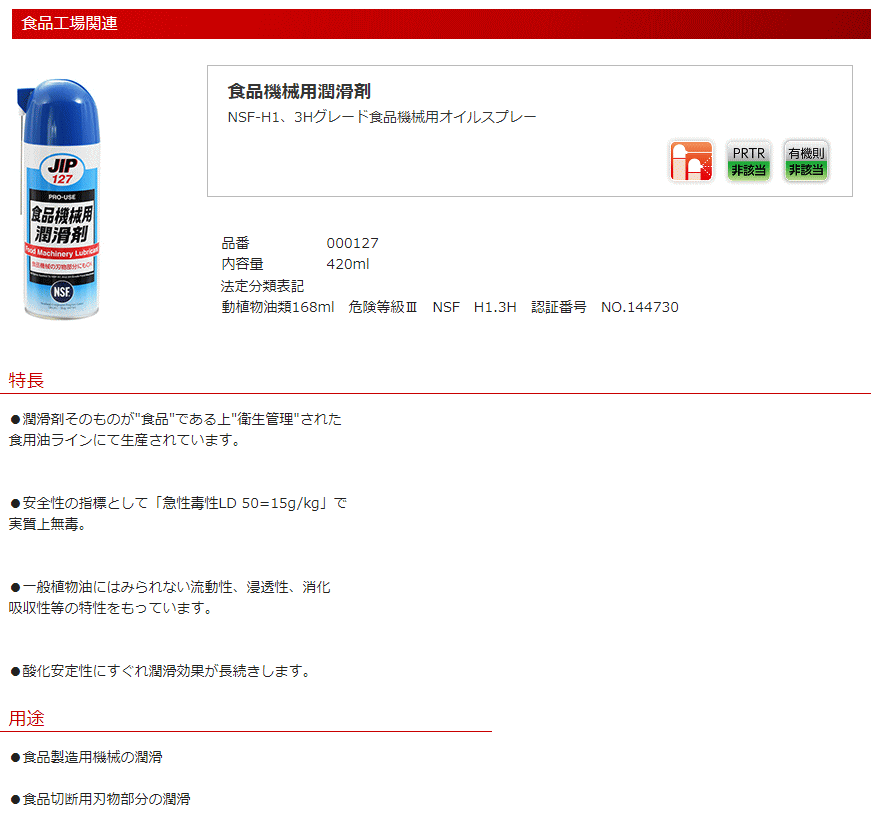 イチネンケミカルズ JIP127(品番00127) 食品機械用潤滑剤 食品機械用