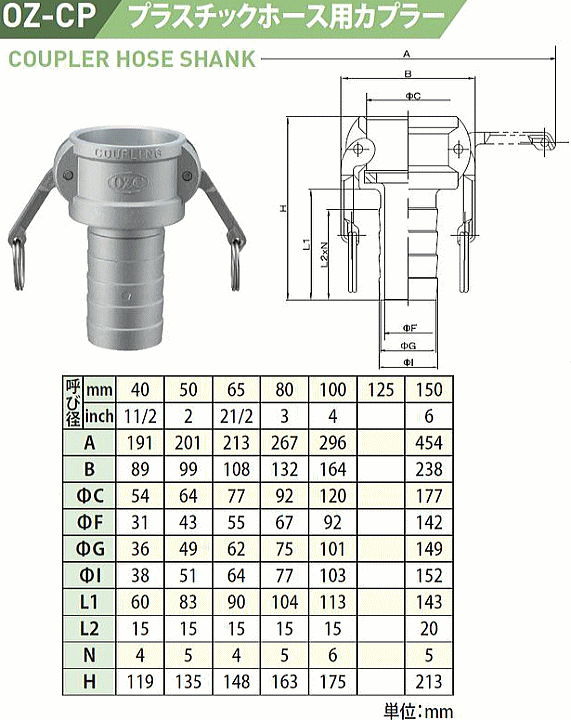 小澤物産 レバーカップリング OZ-CP-AL-2 (50A) プラスチックホース用